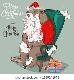 cute santa bear with hares on armchair