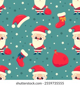 Cute santa with big kawaii eyes on festive background. Vector christmas seamless pattern.