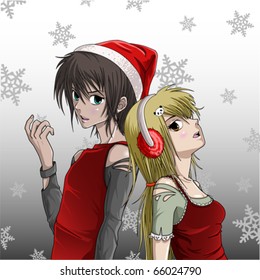 Cute Santa boy and girl with snowflake background - Anime Style