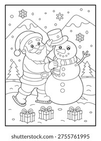 Cute Santa Building Snowman Coloring Page for Kids. Simple Cartoon Christmas Winter Scene with Presents. Black and White Line Art Printable Activity Sheet for Children.