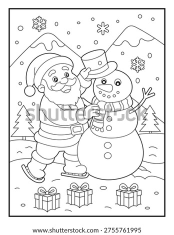 Cute Santa Building Snowman Coloring Page for Kids. Simple Cartoon Christmas Winter Scene with Presents. Black and White Line Art Printable Activity Sheet for Children.