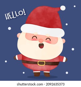 Cute Santa calus cartoon and Christmas watercolor, X mas vector. Happy new year greeting card 2022. Kawaii character girly doodle. Illustration Perfect make a wish for holiday, party, card, pattern.