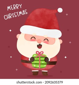 Cute Santa calus cartoon and Christmas gift, X mas vector. Happy new year greeting card 2022. Kawaii character girly doodle. Illustration Perfect make a wish for holiday, party,card, pattern, nursery.