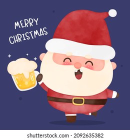 Cute Santa calus cartoon and Christmas beer, X mas vector. Happy new year greeting card 2022. Kawaii character girly doodle. Illustration Perfect make a wish for holiday,party, card, pattern, nursery.