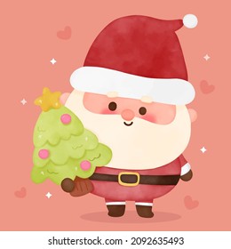 Cute Santa calus cartoon and Christmas tree, X mas vector. Happy new year greeting card 2022.Kawaii character girly doodle. Illustration Perfect make a wish for holiday, party, card, pattern, nursery.