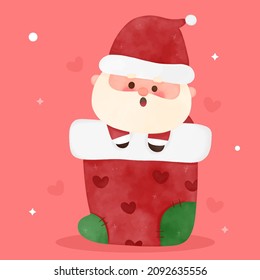 Cute Santa calus cartoon and Christmas sock, X mas vector. Happy new year greeting card 2022. Kawaii character girly doodle. Illustration Perfect make a wish for holiday,party, card, pattern, nursery.