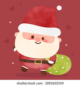 Cute Santa calus cartoon and Christmas gift bag, X mas vector. Happy new year greeting card 2022. Kawaii character girly doodle. Illustration Perfect make a wish for holiday, party, card, pattern.