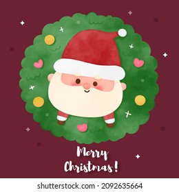 Cute Santa calus cartoon and Christmas wreath, X mas vector. Happy new year greeting card 2022. Kawaii character girly doodle. Illustration Perfect make a wish for holiday, party, card, pattern.