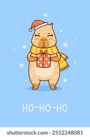 Cute сartoon Santa capybara with gift box  - funny animal for Your Christmas happy winter holidays design