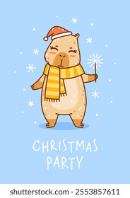 Cute сartoon Santa capybara with sparkles - funny animal for Your Christmas happy winter holidays design