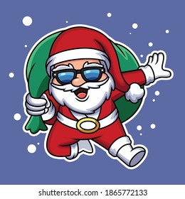 Cute Santa carrying a christmas gift with funny expression. Vector cartoon illustration.