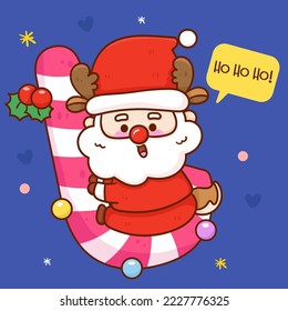 Cute Santa cartoon hug Christmas candy baby character. X mas card (happy new year kids) kawaii vector for fairy tale book. Perfect make a wish for celebration party children, princess party, pattern.