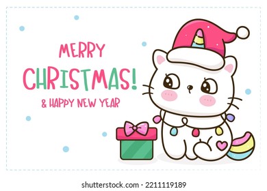 Cute santa cat Christmas animal with gift. X mas card (happy new year kids) kawaii vector for fairy tale book. Perfect make a wish for celebration party children, princess party, pattern, background.