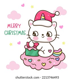 Cute santa cat Christmas animal with gift on candy cloud. X mas card (happy new year kids) kawaii vector for fairy tale book. Perfect make a wish for celebration party children, princess party.