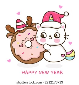 Cute santa cat Christmas donut. X mas card (happy new year kids) cartoon animal kawaii vector for fairy tale book. Perfect make a wish for winter festival, celebration party children, princess party.
