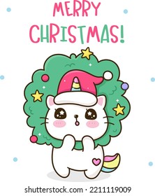 Cute santa cat Christmas wreath with gift. X mas card (happy new year kids) animal kawaii vector for fairy tale book. Perfect make a wish for winter festival, celebration party children, princess.