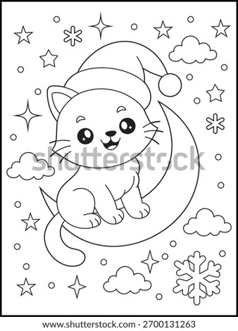 Cute Santa Cat Sitting on Crescent Moon. Merry Christmas Night Sky Coloring Page for Kids. Festive Christmas Space-Themed Coloring Sheet for Children