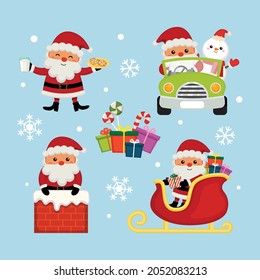 Cute Santa celebrating Christmas clipart set. Flat vector cartoon design