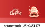 Cute Santa character with a gift on a red background and calligraphic greeting. 3D. For Christmas advertising concepts, greetings. The best gift. Vector illustration.