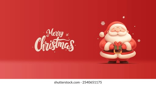 Cute Santa character with a gift on a red background and calligraphic greeting. 3D. For Christmas advertising concepts, greetings. The best gift. Vector illustration.