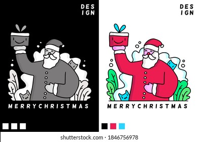 Cute Santa character holding gift boxes and two little cat with merry Christmas typography. Hand drawn holiday illustration in cartoon, doodle style for New Year and Christmas