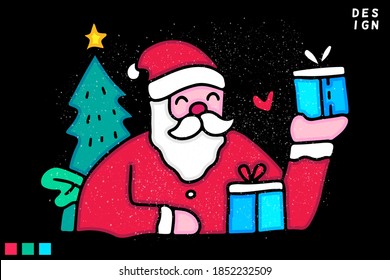 Cute Santa character holding gift. Hand drawn holiday illustration in cartoon, doodle style for New Year and Christmas