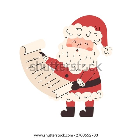 Cute Santa checking wish list in flat cozy style. Great for Christmas cards, branding, packaging, web, and holiday prints.