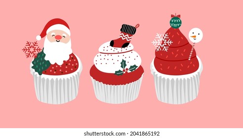 Cute Santa and Christmas element cupcakes hand drawn in doodle style isolated on pink background 