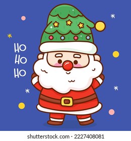 Cute Santa Christmas tree. X mas card (happy new year kids) kawaii vector for fairy tale book. Perfect make a wish for celebration party children, princess party, pattern, background, wallpaper.