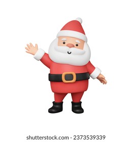 Cute Santa Claus 3d Rendering. Standing character waving his hand. Christmas friendly cartoon mascot. Little man. Single object. Vector illustration in plastic and plump style. Xmas miniature figure