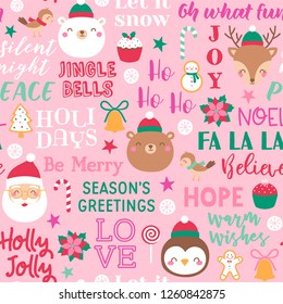 Cute santa claus and animals with fun typography  seamless pattern background