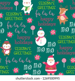Cute santa claus and animals with fun typography  seamless pattern background
