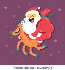 Cute Santa Claus with a bag flies on Christmas reindeer vector cartoon character.