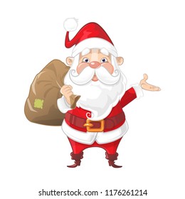 Cute Santa Claus with bag - front view cartoon style