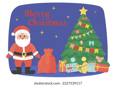 Cute Santa Claus with a bag and gifts in the Christmas holidays. A set of vector elements - Santa Claus, gifts, a bag, a decorated Christmas tree.