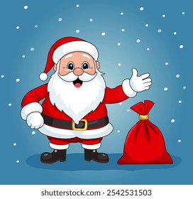 Cute Santa Claus with a bag of gifts. Christmas design concept.  Vector illustration. It can be used in web design, social media, and advertising.