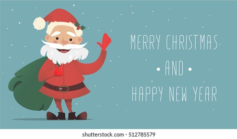 Cute Santa Claus with a bag of gifts waving. Vector Christmas illustration. New Year's banner. Bright cheerful Christmas character in the flat style