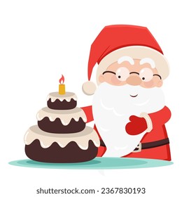 Cute Santa Claus bakes chocolate cake with cream for celebration. Cooking and bakery. Christmas, New Year coloured vector illustration. Collection of Santa in cartoon style. Humour