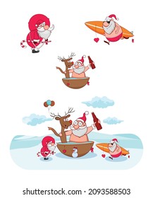 Cute Santa Claus Bathing Santa with reindeer cute snowman Santa with skiing board Marry Christmas cute cartoon characters Balloons candies Marry Christmas 