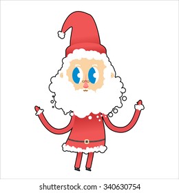 Cute Santa Claus with big eyes. Young Santa raised his hands up. Funny Christmas man.