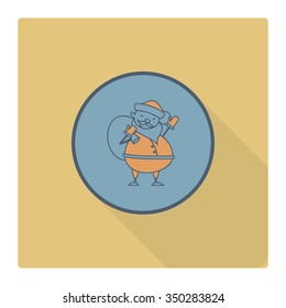 Cute Santa Claus with Big Gifts Bag. Long Shadow. Retro Color. Single Flat Icon . Vector