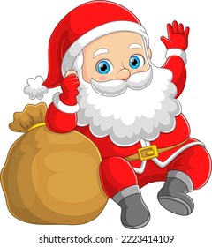 The cute santa claus with the big sack full of gift is waving the hand of illustration