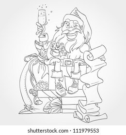 Cute Santa Claus black and white outline for coloring