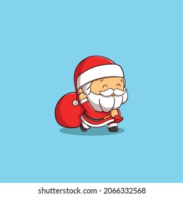 Cute Santa Claus brings a gift bag and greeting with a wave flat cartoon style Premium Vector