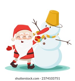Cute Santa Claus builds snowman and decorates it with striped scarf. Christmas, New Year coloured vector illustration. Collection of Santa in cartoon style. Humour