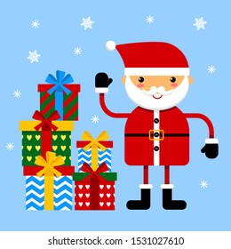 Cute Santa Claus and a bunch of gifts, vector illustration. Template for new year and Christmas card