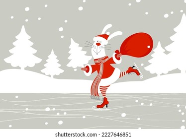 Cute santa claus bunny or rabbit holding red gift bag and christmas tree skating on white snowing forest background. Editable christmas and new year vector illustration.