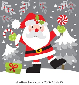 Cute Santa Claus and Candy cane For Christmas Card or Bag design