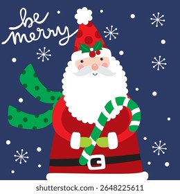 Cute Santa Claus and Candy Cane For Christmas Card or Bag design