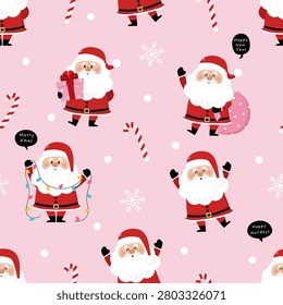 Cute Santa Claus, candy cane, snowflake and ornaments seamless pattern. Xmas decoration in festive holidays cartoon character. Winter background. -Vector